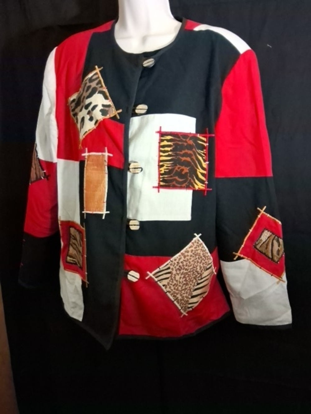 Allure Colorblock Patchwork Blazer in Red, Black & White with Animal Accents